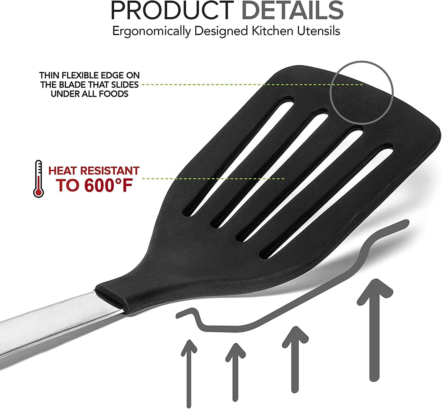 Spatula Heat Resistant Silicone and Stainless Steel - Slotted Turner Spatula Rubber Grip - Flexible Silicone Spatula Turner for Cooking and Non Stick Cookware - Versatile Kitchen Spatula