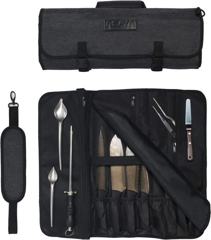 Image of Chef Knife Roll Bag - 20 Total Pockets for Knives and Kitchen Utensils - Made with Stain Resistant Waxed Nylon - for Chefs and Culinary Students - Knives Not Included(Black)