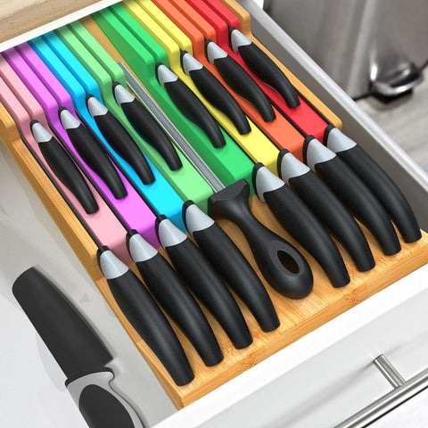 Image of In-Drawer Knife Block Set without Knives, Kitchen Colorful Drawer Steak Knife Holder Organizer, Detachable Cutlery Storage Rack for 16 Knives and 1 Sharpening Steel