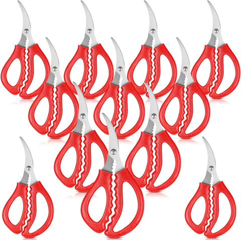 Image of 12 Pcs Kitchen Seafood Scissors for Crab Bulk, Red Leg Scissors Multifunctional Stainless Steel Shears Crab Leg Crackers Fish Crab Shrimp Lobster Scissors for Kitchen Seafood Peeling Tools