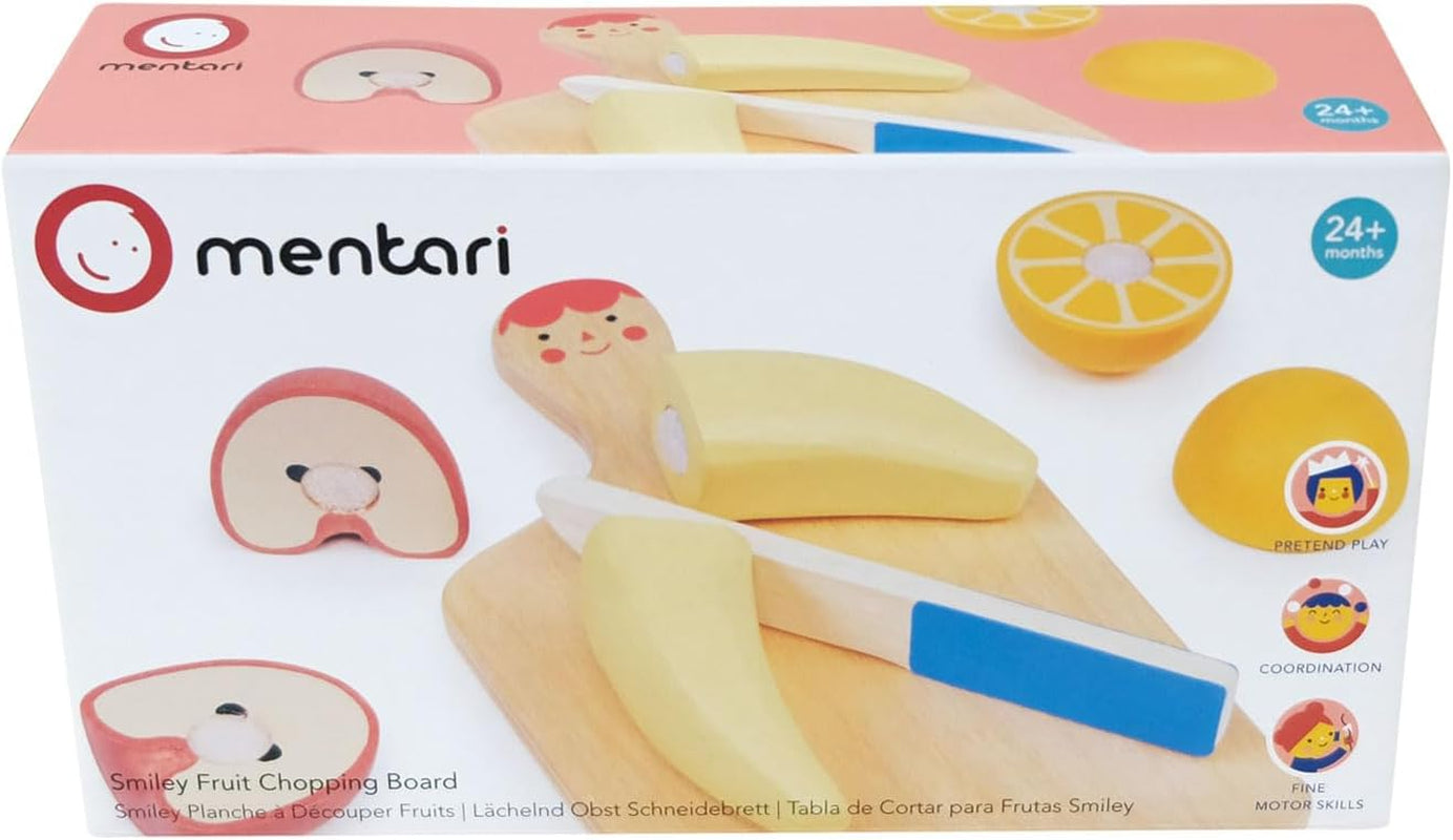 Pretend Food Chopping Board - Wooden Play Food Set for Imaginative Kitchen Play Complete with Smiling Chopping Board, Colorful Fruits, and Child-Safe Knife - Age 24M and Up