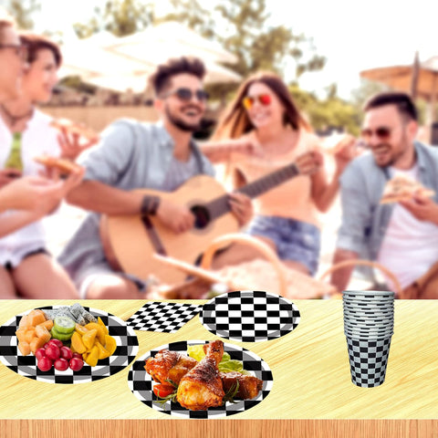 Image of 175 PCS Checkered Flag Party Supplies Disposable Dinnerware -Car Paper Plates Napkins Cups, Black Plastic Forks Knives Spoons for Girls Boys Birthday Baby Shower Decorations,25 Guests