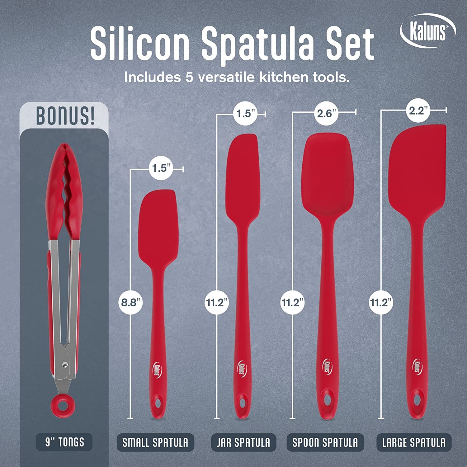Silicone Spatula Set 5 Pcs Rubber Spatulas Silicone Heat Resistant 600°F, Spatulas for Nonstick Cookware, Seamless Design with Stainless Steel Core, Dishwasher Safe, Bonus Tongs Included