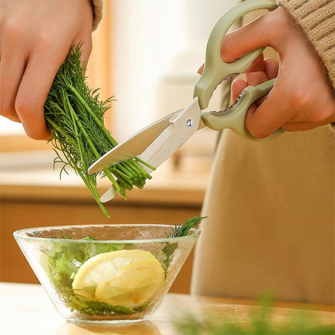 Image of 2Pcs Kitchen Scissors and Peeler Set, 3 in 1 Standable Stainless Steel Household Scissors Food Scissors Kitchen Scissors and Melon Planer (1*Green+1*Pink)