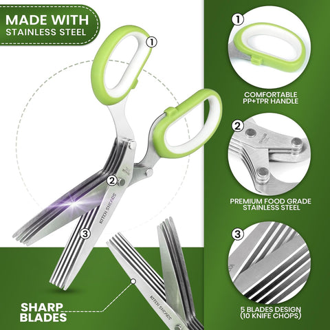 Image of Kitchshears Herb Scissors with 5 Blades and Cover-Premium-Quality Herb Cutter Scissors Stainless-Steel & Easy to Clean- Heavy-Duty Vegetable Scissors for Chopped Salad & Mincing Meat-Bonus Herb Comb