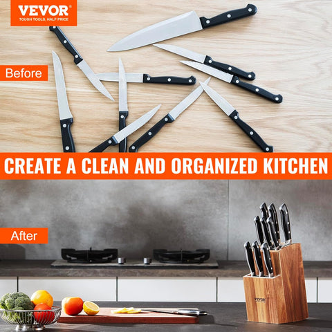 Image of Universal Knife Holder, Acacia Wood Knife Block without Knives, Two-Tier Knife Storage Stand with PP Brush, Extra Large Multifunctional Wooden Knife Organizer, Knife Rack for Kitchen Counter