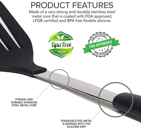 Image of Spatula Heat Resistant Silicone and Stainless Steel - Slotted Turner Spatula Rubber Grip - Flexible Silicone Spatula Turner for Cooking and Non Stick Cookware - Versatile Kitchen Spatula