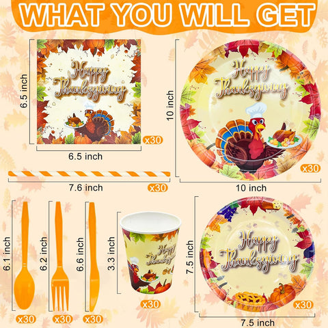 Image of 240Pcs Thanksgiving Party Supplies Disposable Dinnerware Set Include Paper Plates Dessert Plates Napkins Forks Knives Spoon Cups Straws Turkey Themed Thanksgiving Dinner Decorations,Serves 30