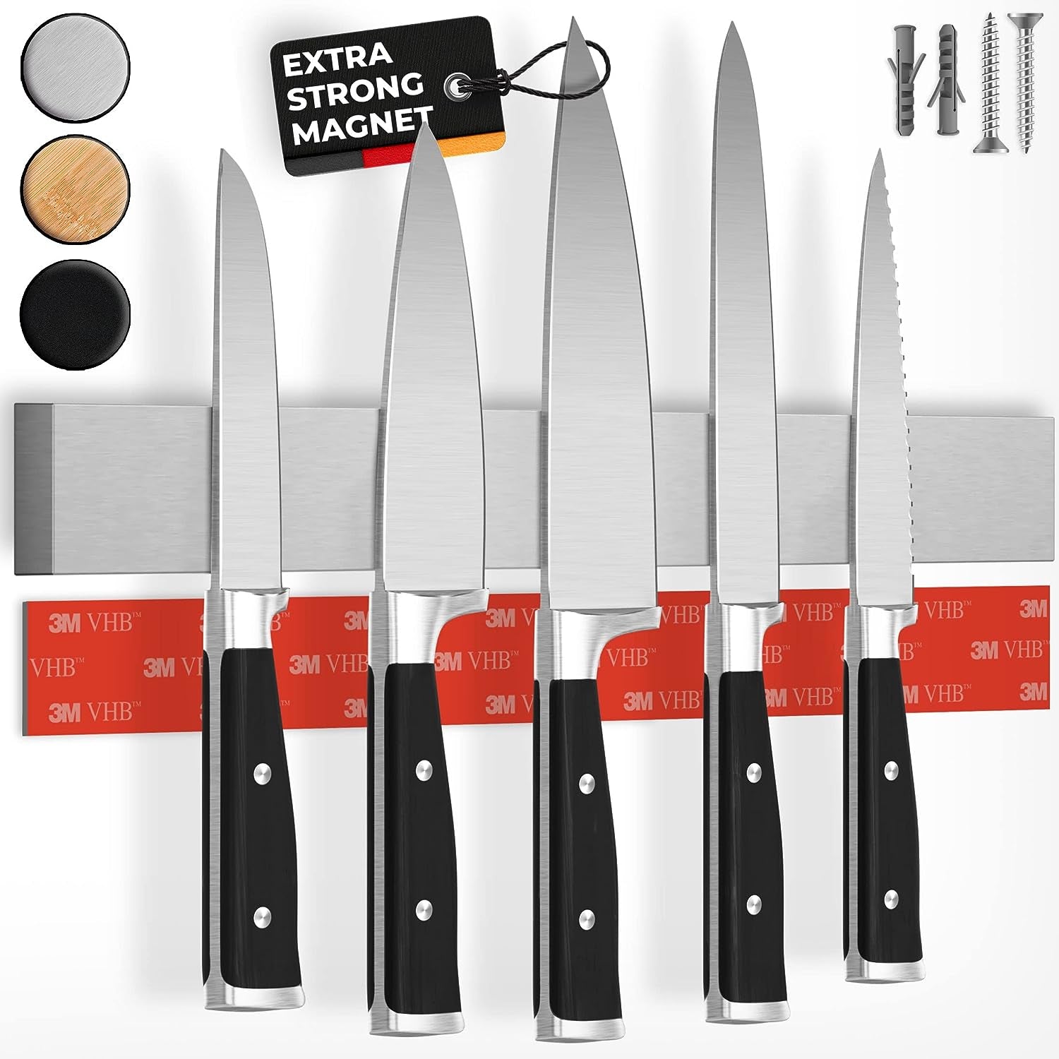 Magnetic Knife Holder for Wall 16" No Drilling Incl. Self Adhesive Tape - Extra Strong Knife Holder - Awarded Knife Magnetic Strip - Made of Stainless Steel