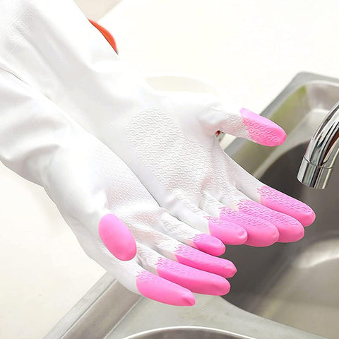 Image of Reusable Dishwashing Cleaning Gloves with Latex Free, Synthetic Rubber Gloves,,Kitchen Gloves 3 Pairs,Green+Blue+Pink