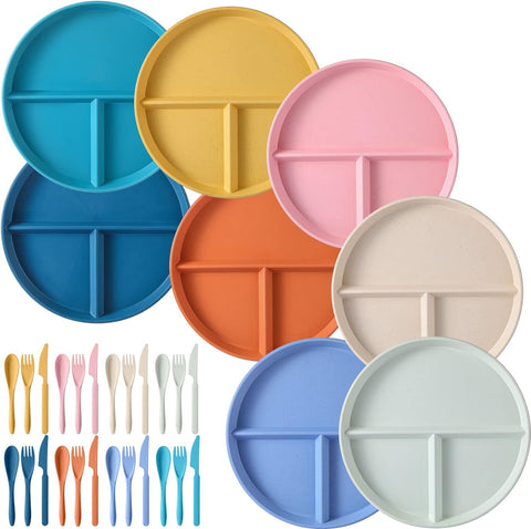 Image of 8 Set Unbreakable Wheat Straw Divided Dinner Plates 9 Inch Wheat Plastic Gridded Dinner Plates with Spoon Knife Fork Microwave Dishwasher Safe Wheat Straw Dinnerware Set for Kids Picnic Kitchen