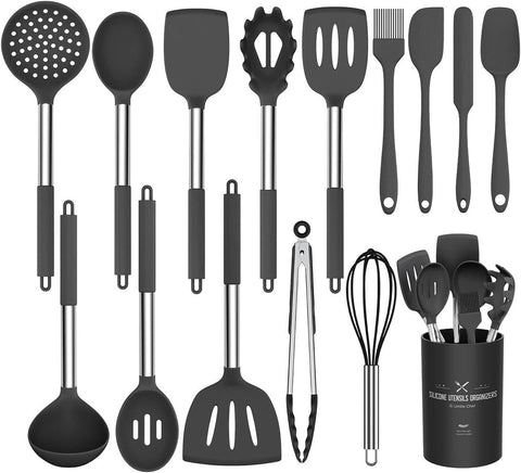 Image of Silicone Cooking Utensil Set,  15Pcs Silicone Cooking Kitchen Utensils Set, Non-Stick - Best Kitchen Cookware with Stainless Steel Handle - Black