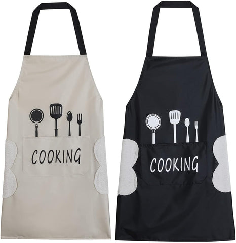 Image of Women Kitchen Apron with Hand Wipe Pockets,Big Pocket,Hand-Wiping, Waterproof for Cooking Baking
