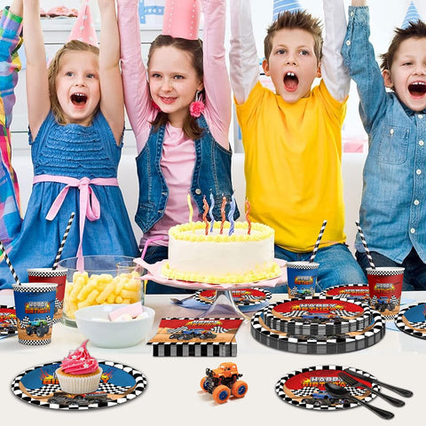 Image of 192Pcs Monster Large Truck Birthday Party Supplies Serves 24 Monster Large Truck Plates Napkins Knives Forks Spoons Straws Monster Large Truck Birthday Decorations Truck Party Favors for Kids