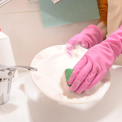 Image of Rubber Kitchen Dishwashing Gloves - 4 Pairs Colorful Reusable Household Cleaning Gloves for Washing Dishes and Cleaning Tasks, Flexible Durable and Non-Slip (Large, Blue+Pink+Yellow+Orange)
