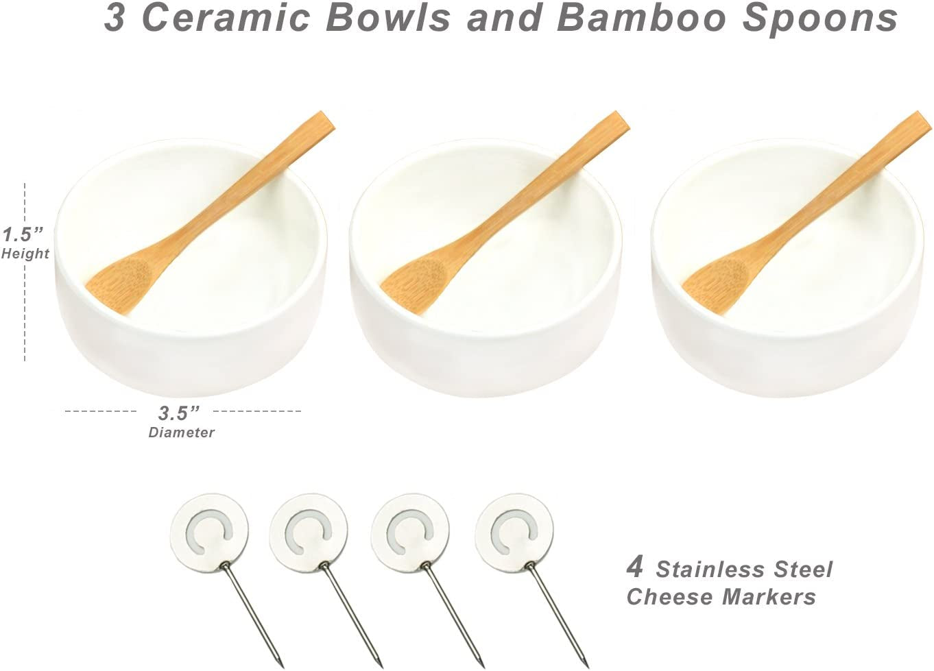 Bamboo Cheese Board/Charcuterie Platter - Includes 3 Ceramic Bowls with Bamboo Spoons & Cheese Markers -13"X 13"- Designed and Quality Checked in the USA