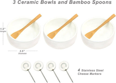 Image of Bamboo Cheese Board/Charcuterie Platter - Includes 3 Ceramic Bowls with Bamboo Spoons & Cheese Markers -13"X 13"- Designed and Quality Checked in the USA