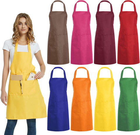 Image of 8 PCS Plain Bib Aprons Bulk - Mixed Color Commercial Apron with 2 Pockets for Kitchen Cooking Restaurant BBQ Painting Crafting