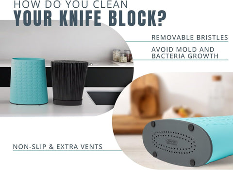 Image of Knife Block for Kitchen Storage W/Removable Bristles - Convenient & Secure Knife Stand for Holding Small & Large Knives- Blue