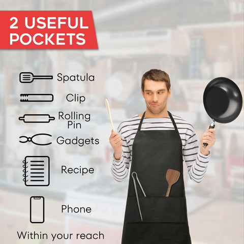 Image of Aprons for Men, 2 Pack 100% Cotton Mens Apron, Black Chef Kitchen Cooking Apron, Men Grilling BBQ Apron with 2 Pockets, Waterproof Man Apron for Gardening, Baking