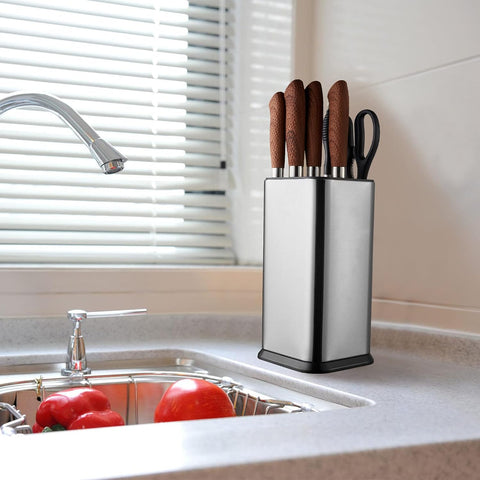 Image of Universal Knife Block without Knives,Modern Knife Holder for Kitchen Counter,Stainless Steel Knife Organizer with Scissors Slot & Sharpening Rod,Space Saver Rectangular Blocks & Storage - (Silver)