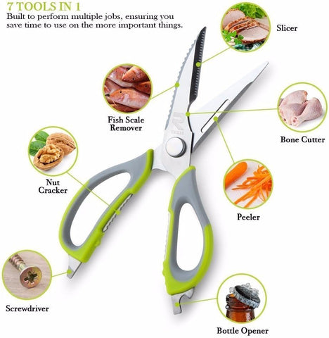 Image of Multifunction Kitchen Food Scissors, Detachable Stainless Steel Heavy Duty Culinary Scissors, 7-In-1 Household Shears with Magnetic Holder, for Cut Poultry Meat Bone Vegetables Fruit Seafood (Purple)