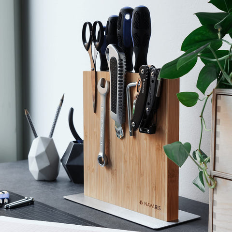 Image of Wood Magnetic Knife Block - Double Sided Wooden Magnet Holder Board Stand for Kitchen Knives, Scissors, Metal Utensils - Bamboo, 8.9 X 8.7 In