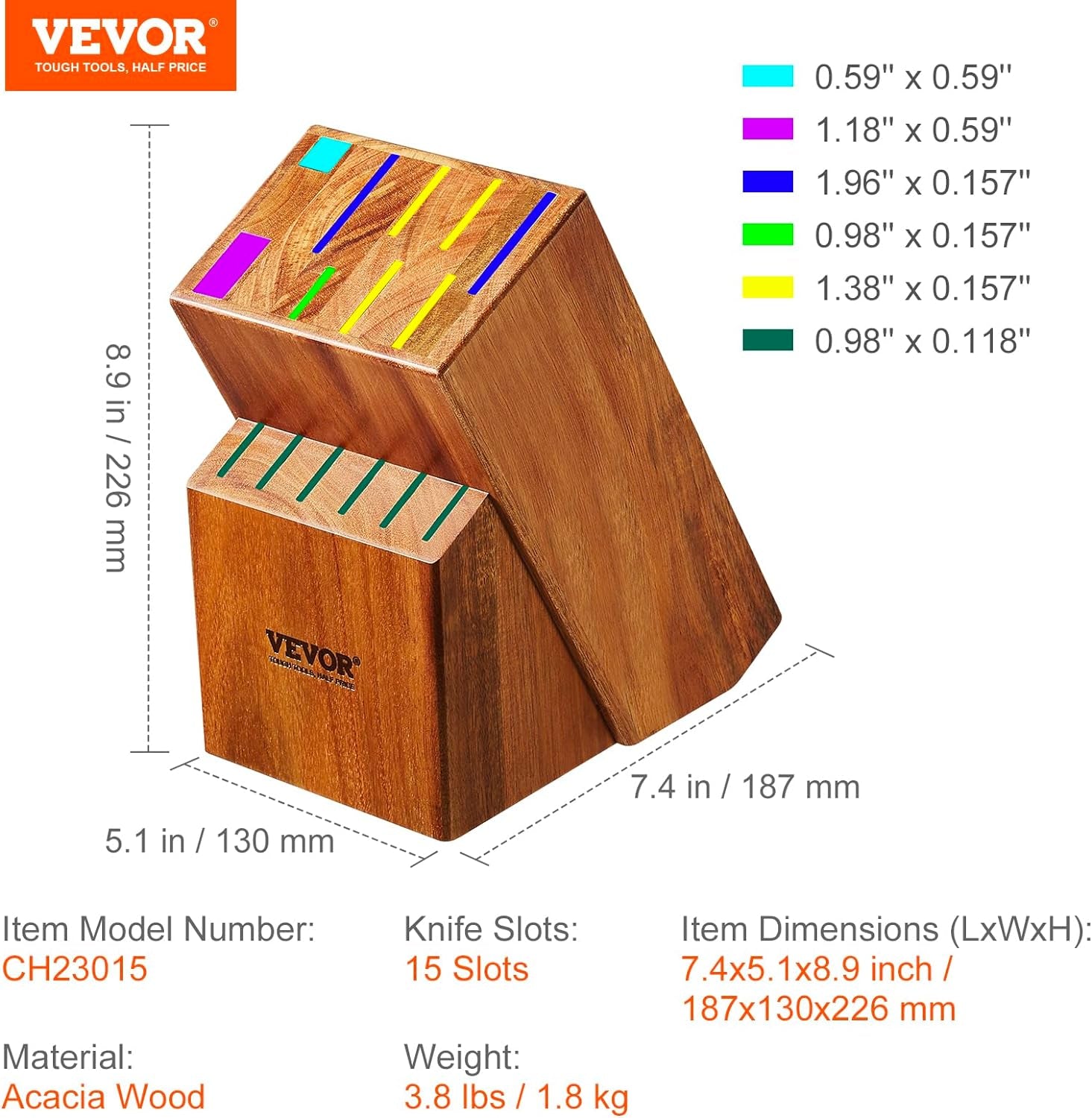 Knife Storage Block 15 Slots, Acacia Wood Universal Knife Holders without Knives, Large Countertop Butcher Block Knife Organizer, Multifunctional Knife Rack Stand for Easy Kitchen Storage