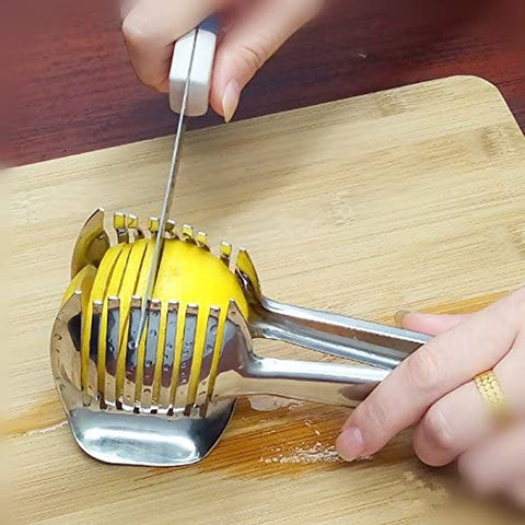 Image of Tomato Lemon Slicer Holder round Fruits Onion Shreader Cutter Guide Tongs with Handle Kitchen Cutting Potato Lime Food Stand Stainless Steel
