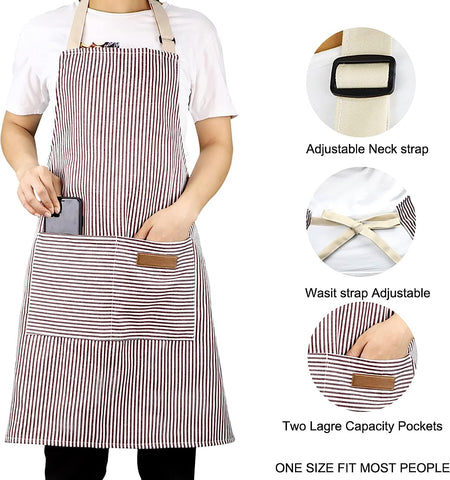Image of 2 Pack Apron, Cotton Cooking Kitchen Aprons, Adjustable Bib Apron with 2 Pockets for Men Women Chef Aprons,(Black/Brown Stripes)