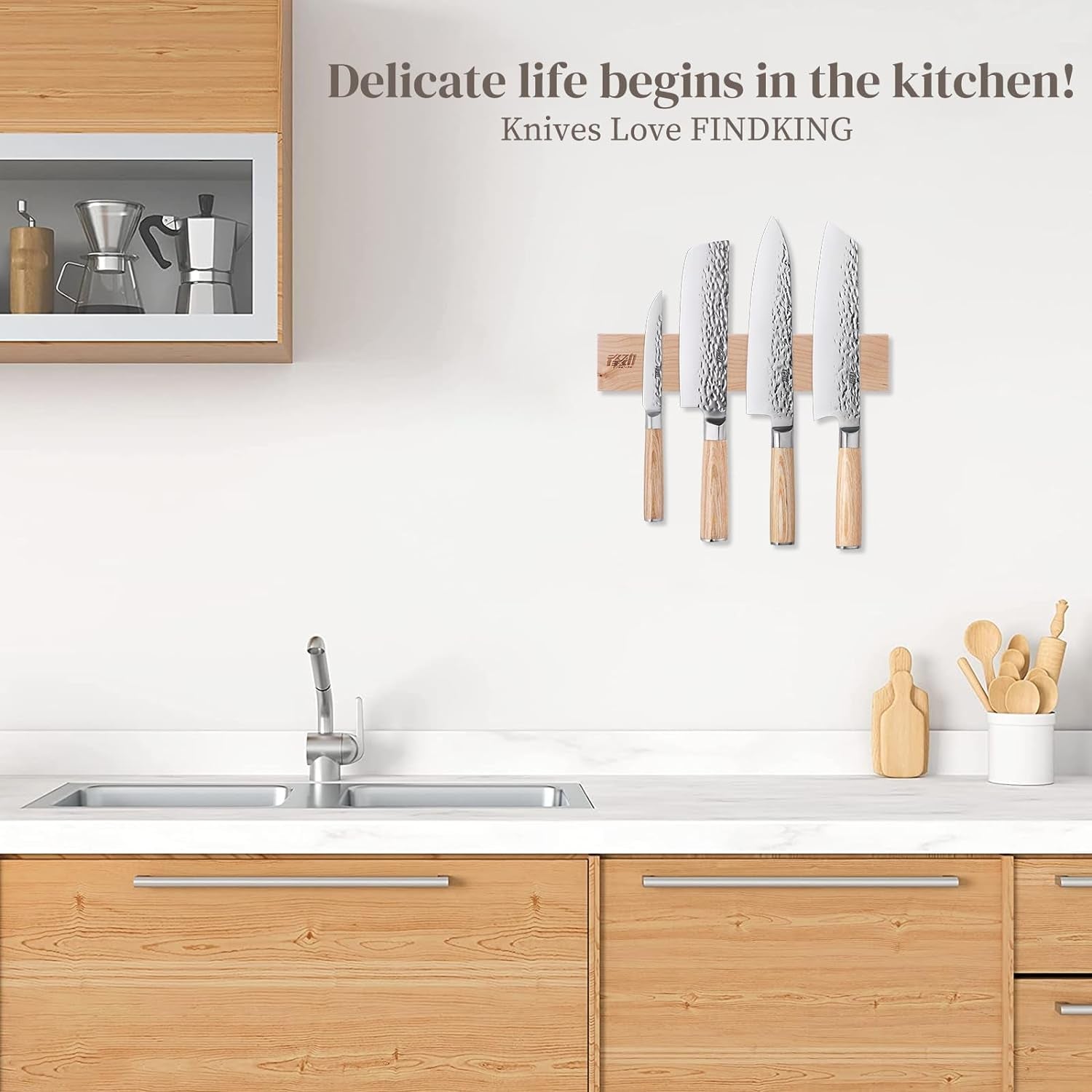 Wood Magnetic Knife Strip, Magnet Utensil Holder for Wall, Refrigerator, Wooden Rack for Kitchen Knives, No Drill (Beige, 12 Inches, without Knives)