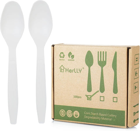 Image of Compostable Spoon,100 Biodegradable Silverware for Party,Large Disposable Utensils Eco Friendly Durable and Heat Resistant,Alternative to Plastic Spoon