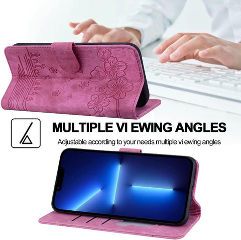 Image of Flip Case for Samsung Galaxy A24 6.5 Inch Cover, Premium PU Leather Magnetic Closure Case with Flip Wallet Stand Function Cover for Galaxy A24 - Cherry Cat Rose Red