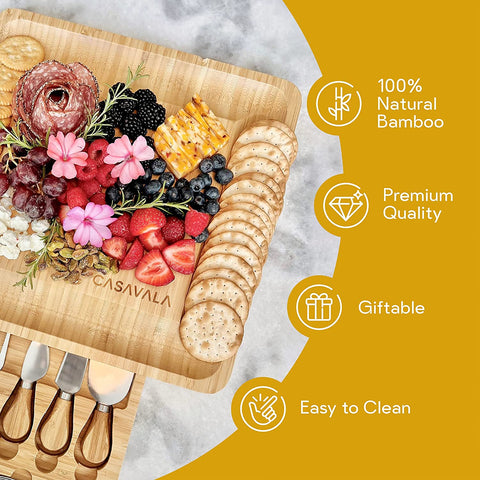 Image of Bamboo Cheese Board Set - Includes 4 Cheese Knives & 10 Cheese Forks- Charcuterie Board Set, Fruit, Cured Meat Serving Platter with Drawer- Ideal for Parties & Events