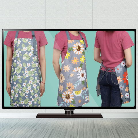 Image of 3 Pack Floral Aprons with Pocket, Blooming Womens Aprons Waterproof Adjustable Cooking Aprons for Kitchen Gardening and Salon