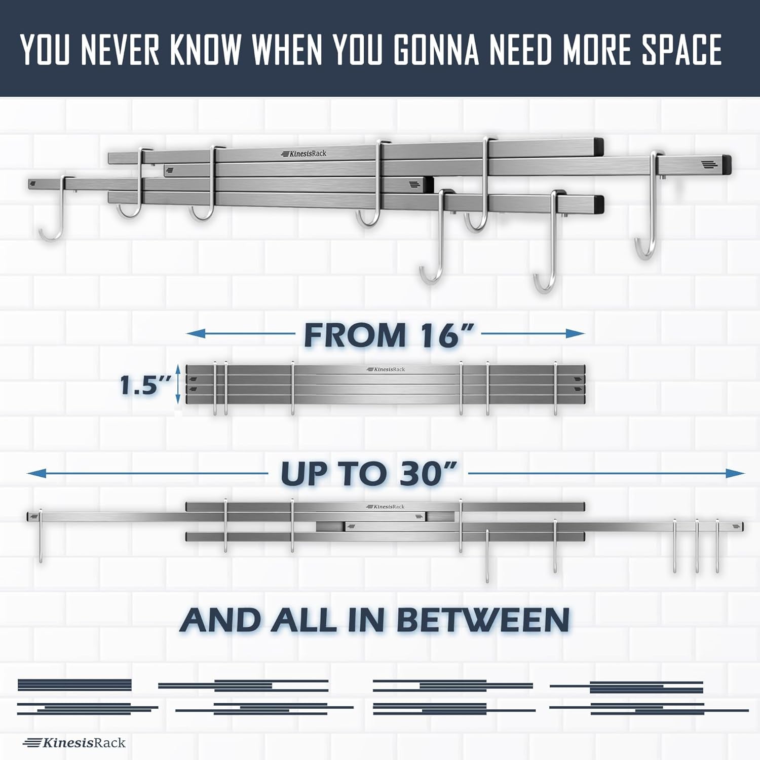 Magnetic Knife Holder for Wall 16'' up to 30 Inches Extended. New Generation of Knife Magnetic Strip Rack with 10 Hooks, Kitchen Utensils Organizer. 4 Powerful Magnet for All Tools Holder