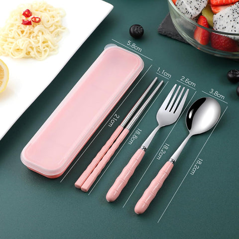 Image of Portable Travel Cutlery Set, 18/8 Stainless Steel 3-Piece Set, Reusable Cutlery Set, Including Travel Spoon and Fork Chopsticks Set with Case (Pink)