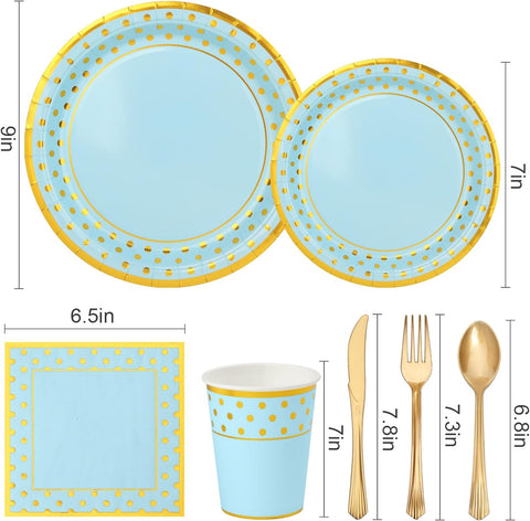 Image of Blue Gold Paper Party Supplies,350Pcs Golden Dot Paper Tableware Serve 50,Include Paper Plates,Napkins,Cups,Forks,Knives,Spoons,For Baby Shower,Boys Birthday,Anniversary