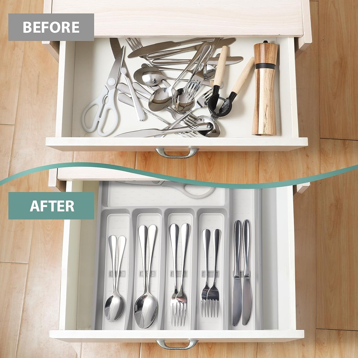 Silverware Organizer with Icons,Plastic Cutlery Silverware Tray for Drawer,Utensil Tableware Flatware Organizer for Kitchen with Non-Slip Tpr,Fits Oversized Drawer,6-Compartment