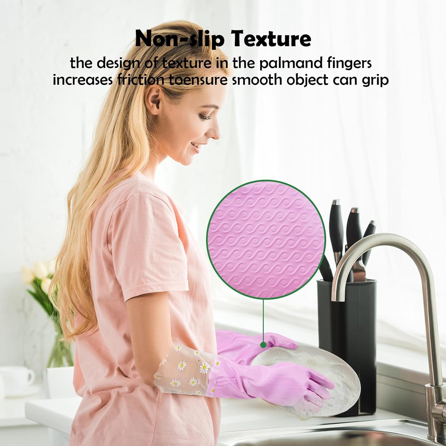 3 Pairs Rubber Cleaning Gloves for Household - Reusable Dishwashing Gloves for Kitchen, Waterproof Flocked Liner Dish Washing Gloves for Kitchen Bathroom, Laundry, Gardening (Large)