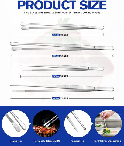 Image of 4 Pcs Kitchen Fine Tweezer Tongs, 12'' and 10'' Stainless Steel Food Tweezers Set, Professional Kitchen Long Tweezer for Cooking, Repairing, Sea Food and BBQ