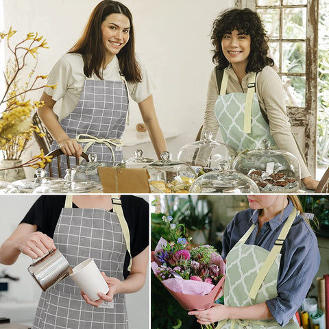 Image of 2 Pieces Aprons for Women with Pockets, Cotton Linen Waterproof Kitchen Cooking Aprons, Chef Apronfor Men Women with Adjustable Neck Strap and Long Ties(Grey/Green)