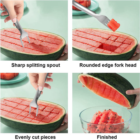 Image of 2Pcs 2-In-1 Watermelon Fork Slicer, Watermelon Slicer Cutter Stainless Steel Fruit Forks Slicer Tool for Summer Family Parties Camping Watermelon Cutting Artifact