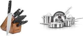 Classic Kitchen Knife Set, 12-Piece High Carbon Knives & 10-Piece Pots and Pans Set, Silver