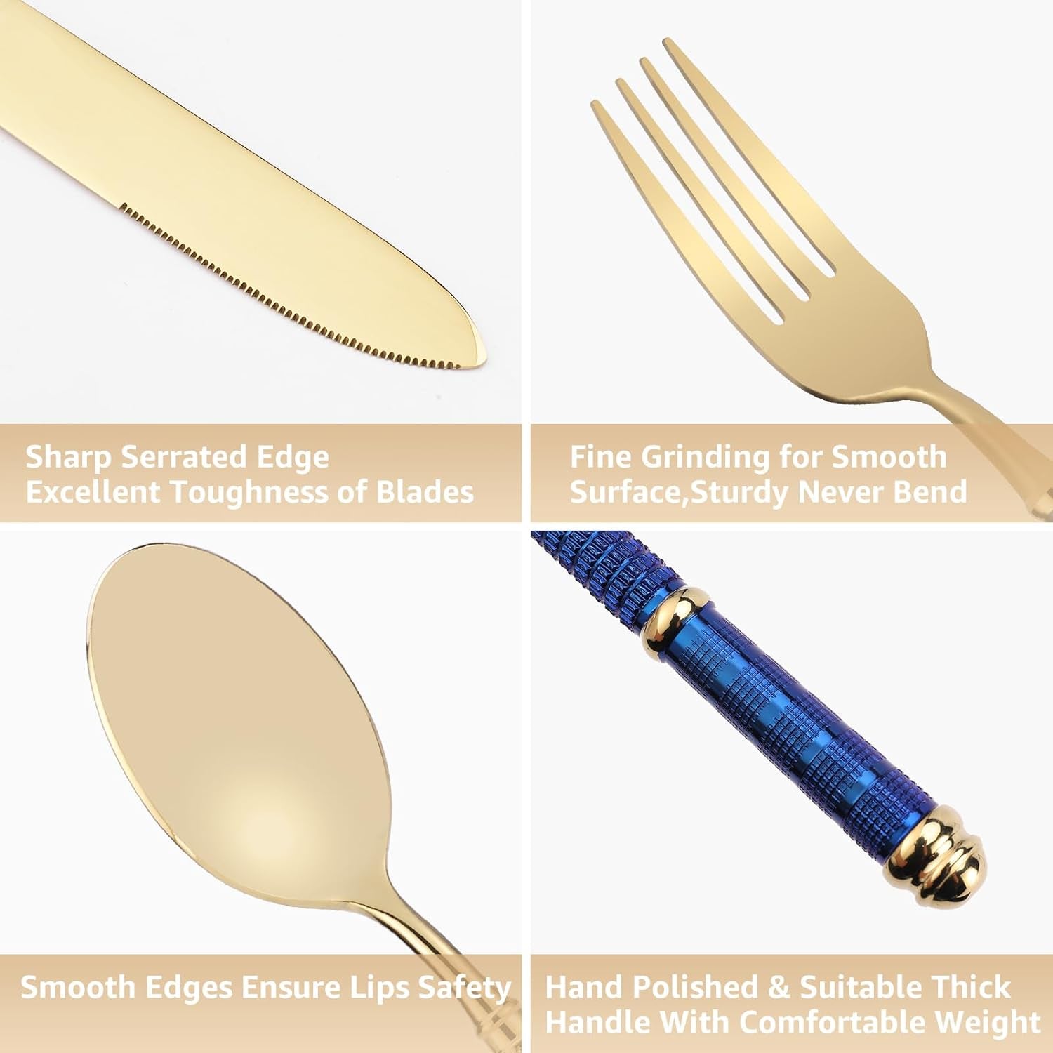 5Pcs 18/10 Stainless Steel Silverware Set Forged Manual Polishing Flatware Set Titanium Plated with Luxury Domee Handle Dishwasher Safe Home Hotel Restaurant Use Wedding Housewarming Gift Gold Blue