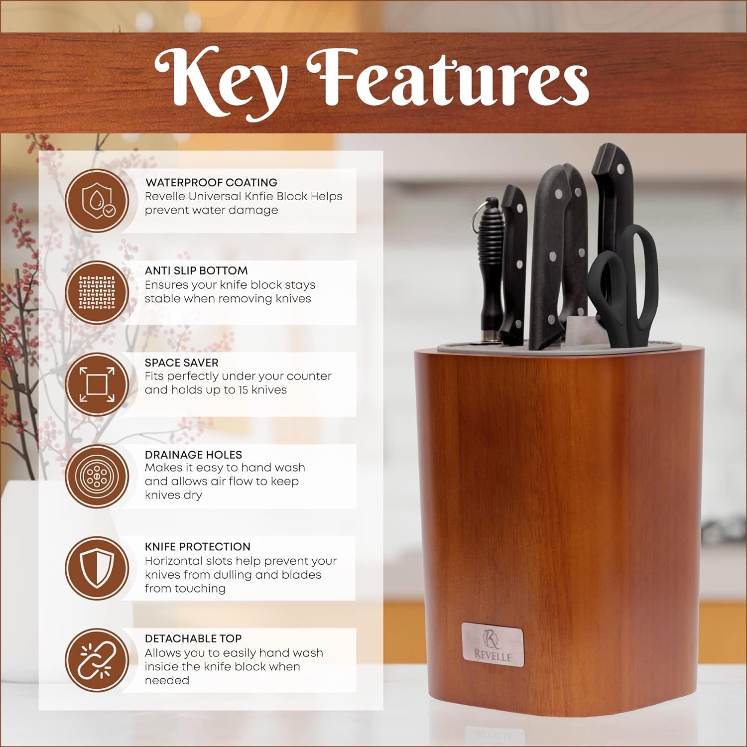 Acacia Universal Knife Block without Knives - Slots for Scissors & Sharpening Rod - Holder Fits Knives & Is Designed to Protect Blades from Dulling - Water Proof Coating & Detachable Top