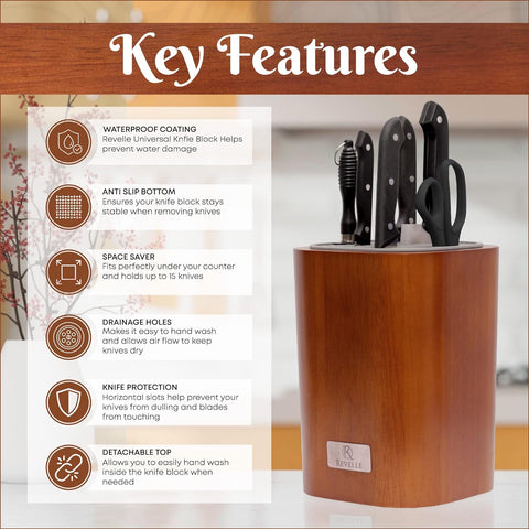 Image of Acacia Universal Knife Block without Knives - Slots for Scissors & Sharpening Rod - Holder Fits Knives & Is Designed to Protect Blades from Dulling - Water Proof Coating & Detachable Top