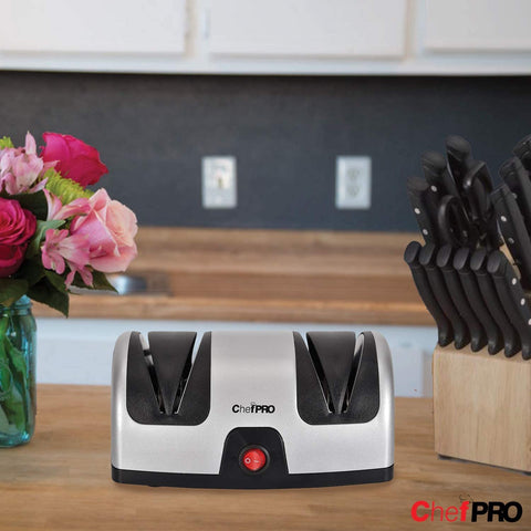 Image of ELECTRIC KITCHEN KNIFE SHARPENER and POLISHING SYSTEM by , 2-Stage Sharpening, Compact and Easy-To-Use Design, Suction Cup Bottom and Easy Cleaning, Black-Silver