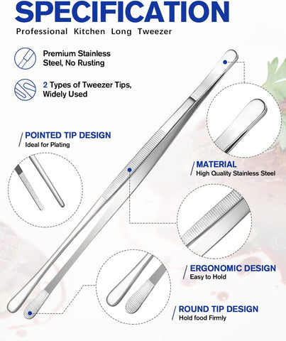 Image of 4 Pcs Kitchen Fine Tweezer Tongs, 12'' and 10'' Stainless Steel Food Tweezers Set, Professional Kitchen Long Tweezer for Cooking, Repairing, Sea Food and BBQ