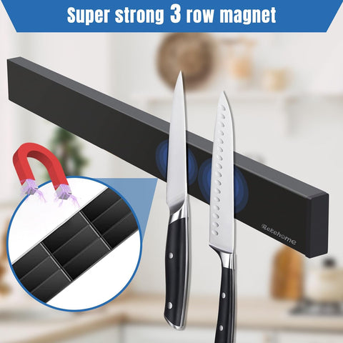 Image of Magnetic Knife Holder for Wall 17 Inch, No Drilling Black Knife Magnetic Strip with 3 Hooks, Strong Magnet Knife Holder Strip, Magnetic Knife Rack Bar for Kitchen Knives and Tools